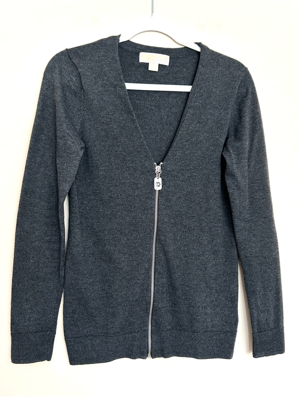 MICHAEL Michael Kors Women’s Dark Gray Zip Up V-Neck Cardigan Sweater